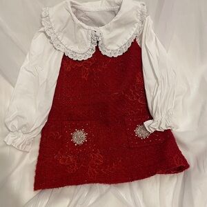 Girls Elegant Red Tweed Dress with White Blouse | Holiday Outfit